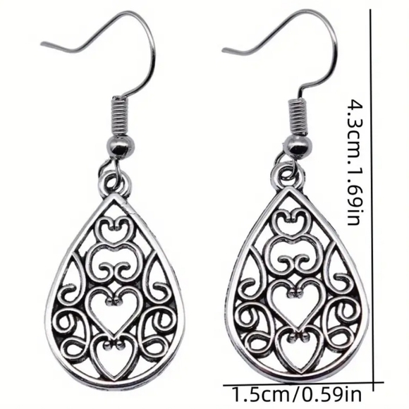 NEW Vintage Bolo Alloy Heart Filigree Drop & Dangle Earrings - Picture 7 of 7